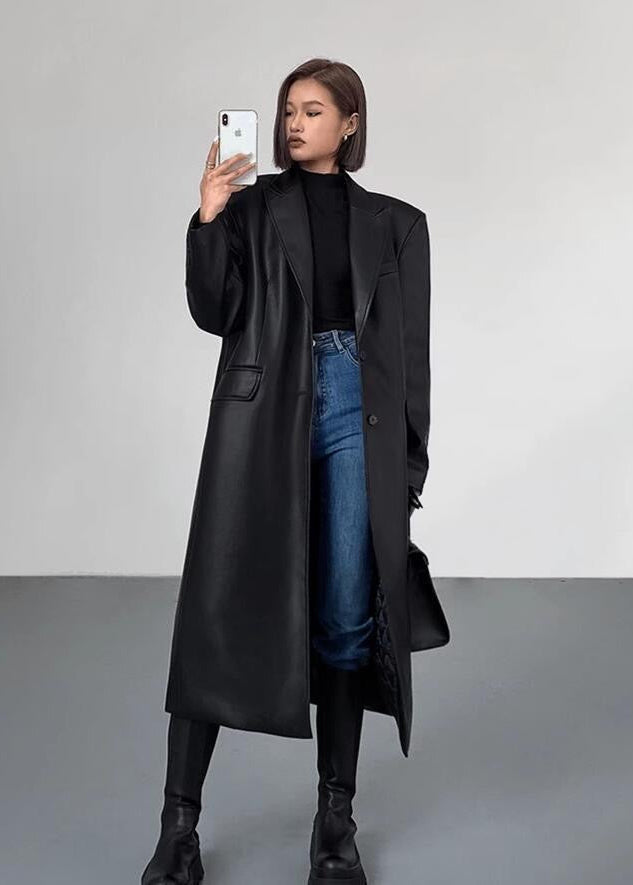 Oversized Faux Leather Long Coat – ’s Dark Brown Single-breasted Jacket