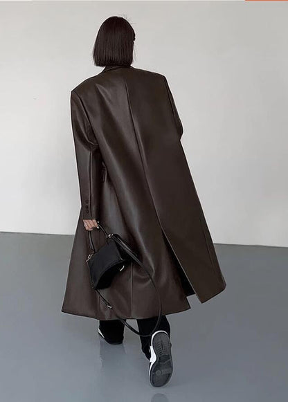 Oversized Faux Leather Long Coat – ’s Dark Brown Single-breasted Jacket