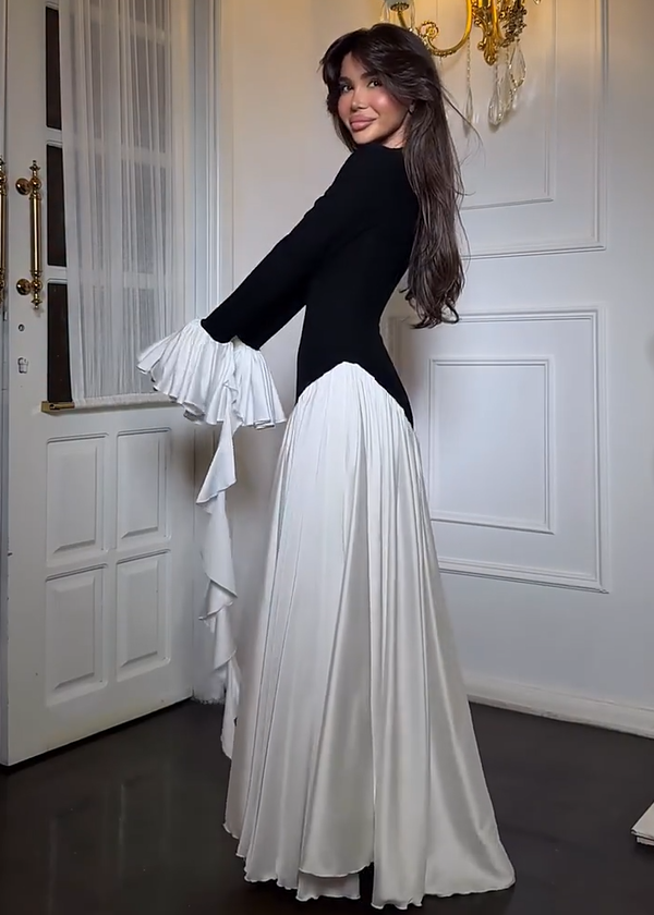 Seraphina Ruffle Sleeve Maxi Dress – Black & White Contrast Elegance