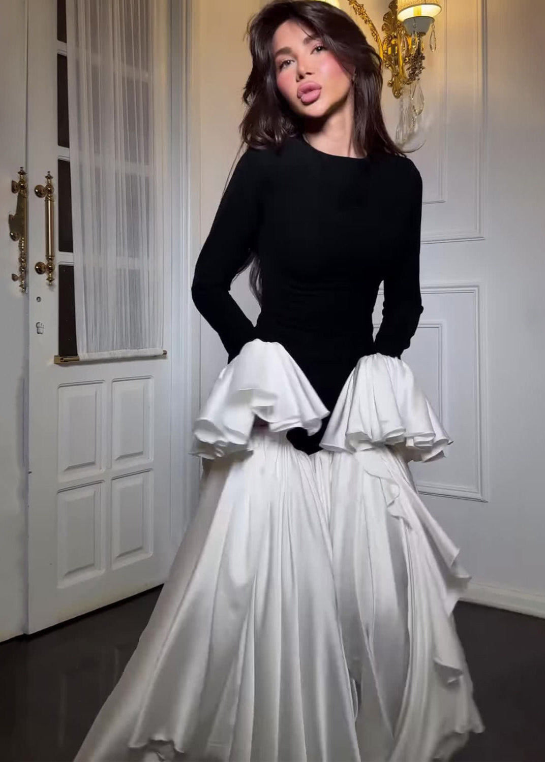 Seraphina Ruffle Sleeve Maxi Dress – Black & White Contrast Elegance