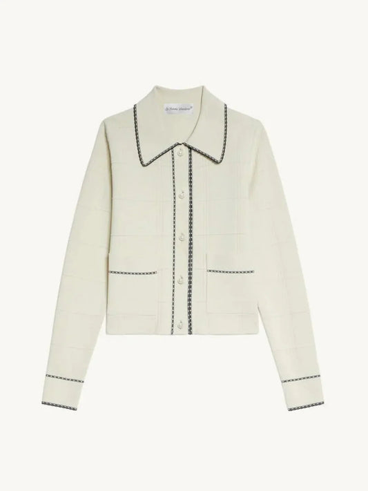 Exquisite Pearl Button Check Lace Knitted Cardigan
