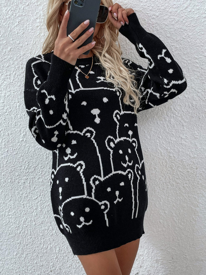 Smiley Polar Bear Knit Sweater Dress - Black