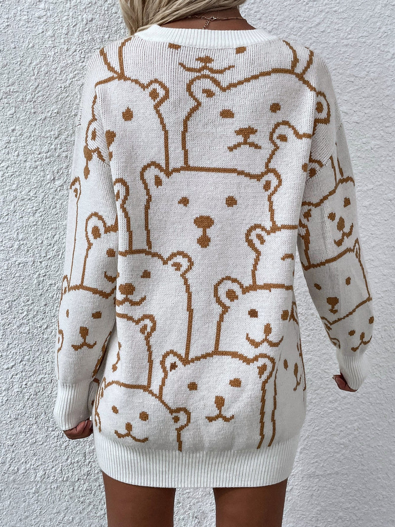 Smiley Polar Bear Knit Sweater Dress - White
