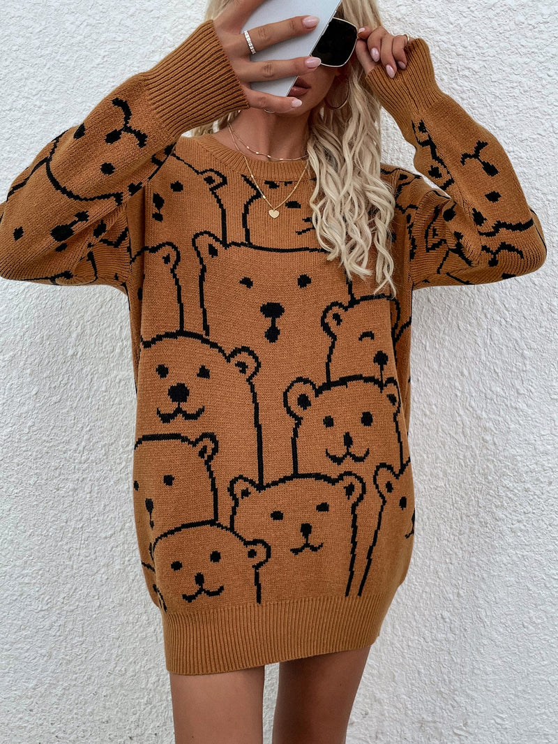 Smiley Polar Bear Knit Sweater Dress - Brown