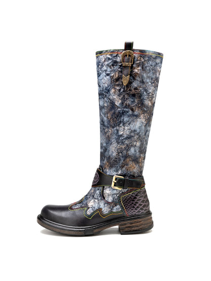 Soffia | Genuine Leather Grey Wrinkled Iliyah Accent Leather Knee High Riding Flat Boots