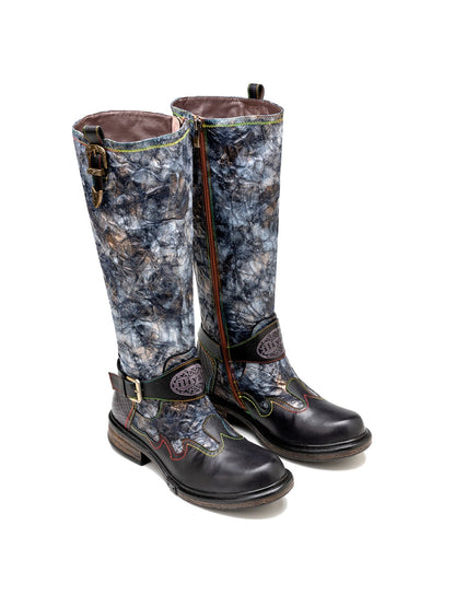 Soffia | Genuine Leather Grey Wrinkled Iliyah Accent Leather Knee High Riding Flat Boots