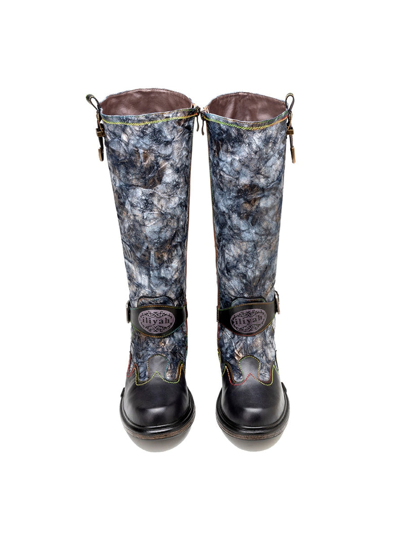 Soffia | Genuine Leather Grey Wrinkled Iliyah Accent Leather Knee High Riding Flat Boots