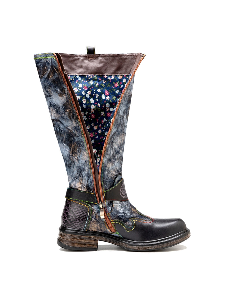 Soffia | Genuine Leather Grey Wrinkled Iliyah Accent Leather Knee High Riding Flat Boots