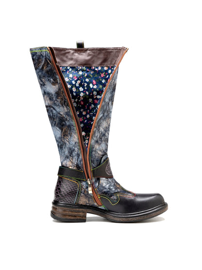 Soffia | Genuine Leather Grey Wrinkled Iliyah Accent Leather Knee High Riding Flat Boots