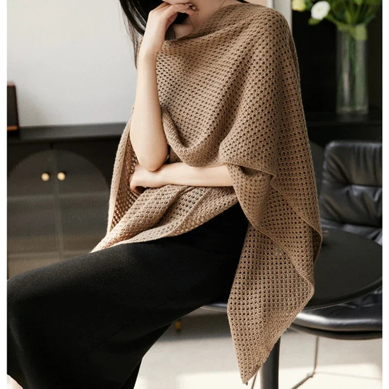 Knitted Loose Office Shawl Hollow Cardigan Cape Sweater