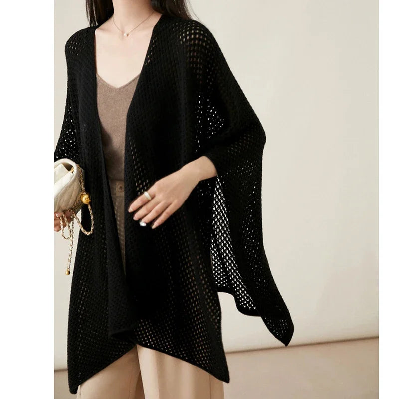 Knitted Loose Office Shawl Hollow Cardigan Cape Sweater
