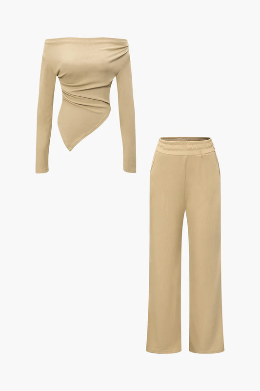Ilsa Brown Asymmetric Off Shoulder Top and Straight Leg Pants Set