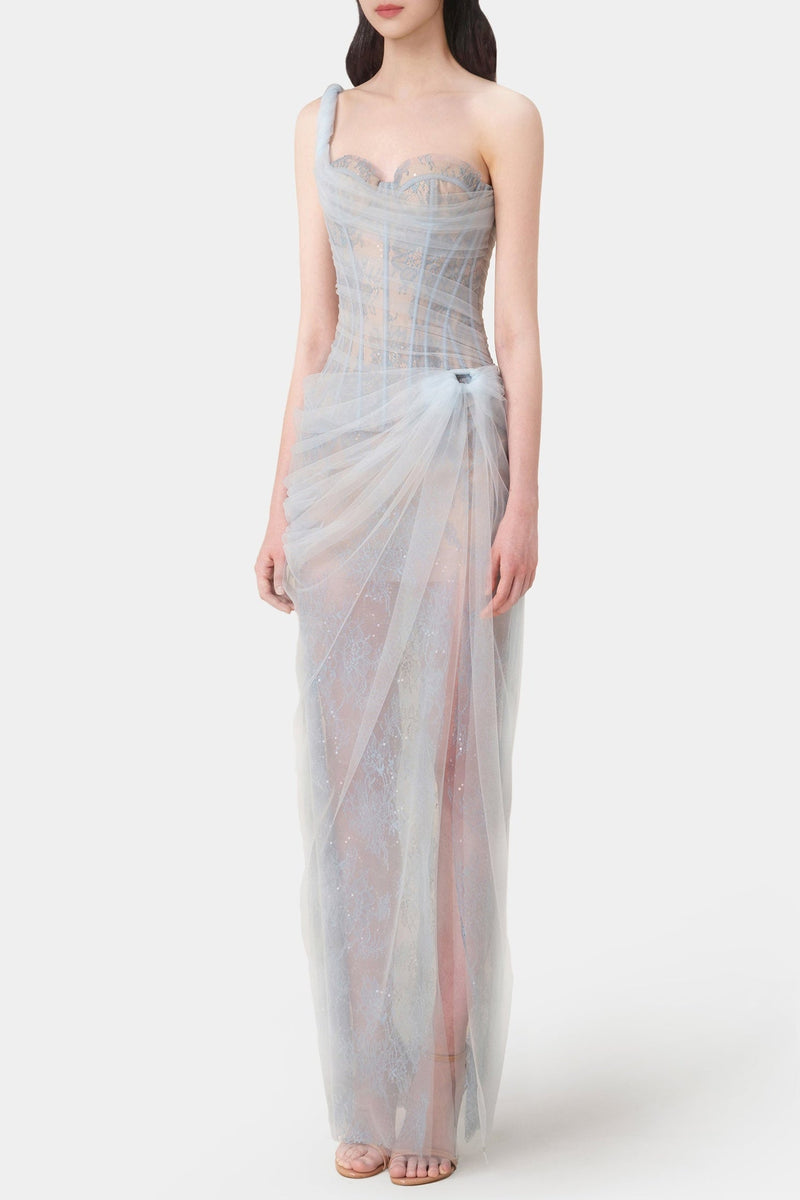 Inina Lace Corset One Shoulder Midi Dress - Blue