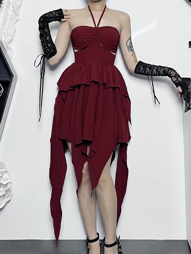 Halter Neck Sleeveless Ruched Bodycon Asymmetrical A-line Hem Party Cocktail Mini Dress