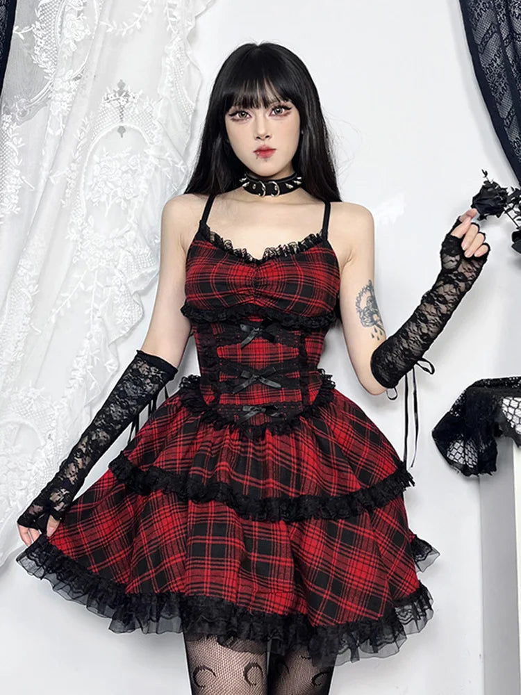 Plaid Mall Goth Grunge Punk Black Emo Party Lace Up Backless Mini Dress A-line Dress