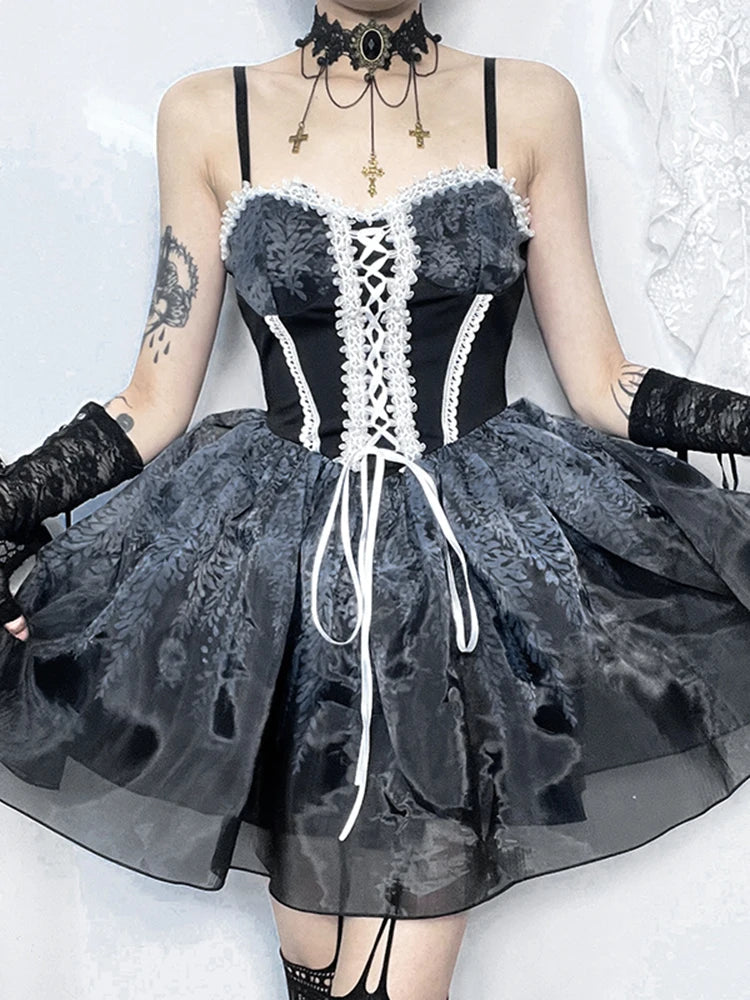 Gothic Spliced Printed Suspender Corset a Line Kawaii Mini Dress
