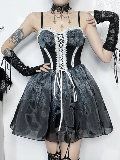 Gothic Spliced Printed Suspender Corset a Line Kawaii Mini Dress