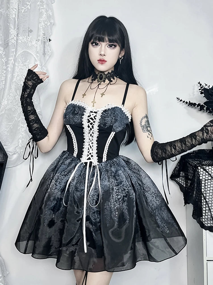 Gothic Spliced Printed Suspender Corset a Line Kawaii Mini Dress