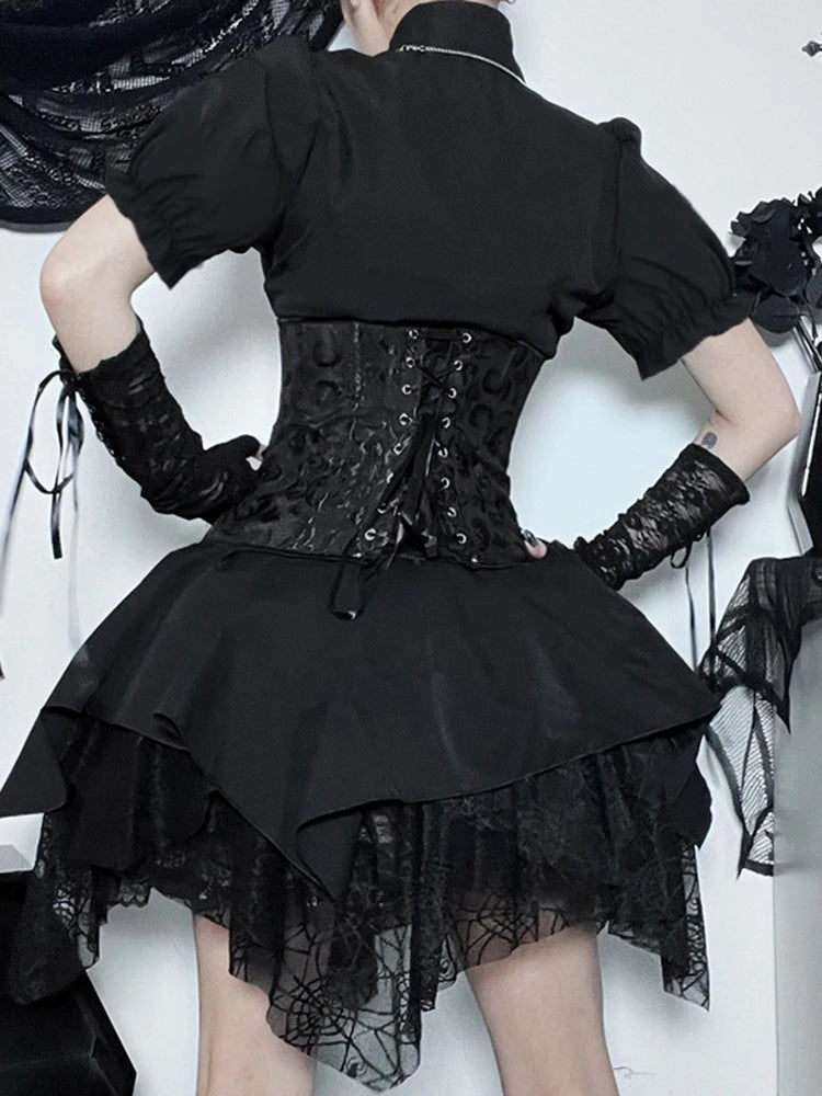 Mall Goth Mesh Black Lace Splice Ball Gown Aesthetic High Waist E Girl Skirt