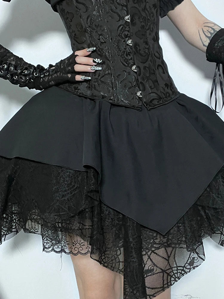 Mall Goth Mesh Black Lace Splice Ball Gown Aesthetic High Waist E Girl Skirt