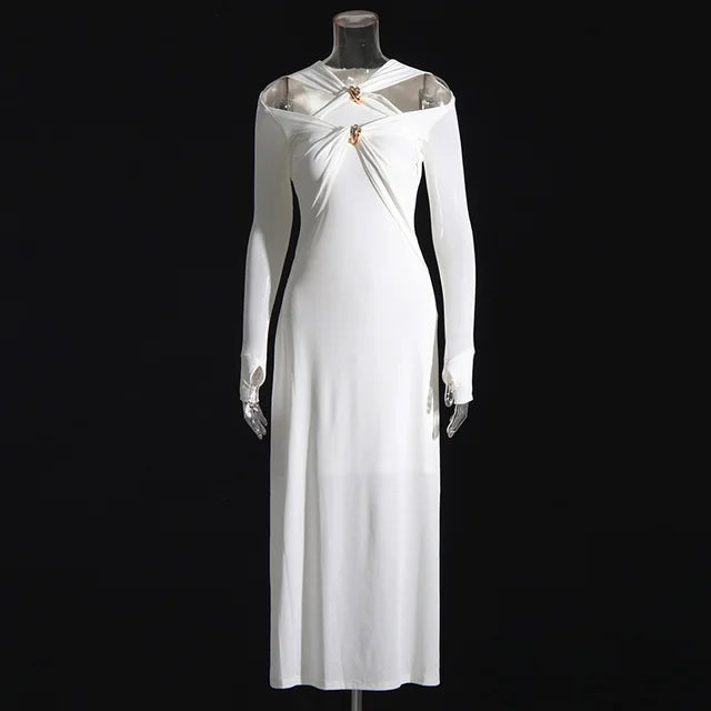 Irregular High-waist Slim-fitting Long-sleeved Dress Fashionable Metal Twist Evening Dress White Long Dresses for