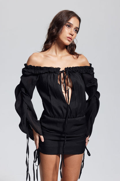 Isadora Mesh Backless Lace Up Mini Dress in Black