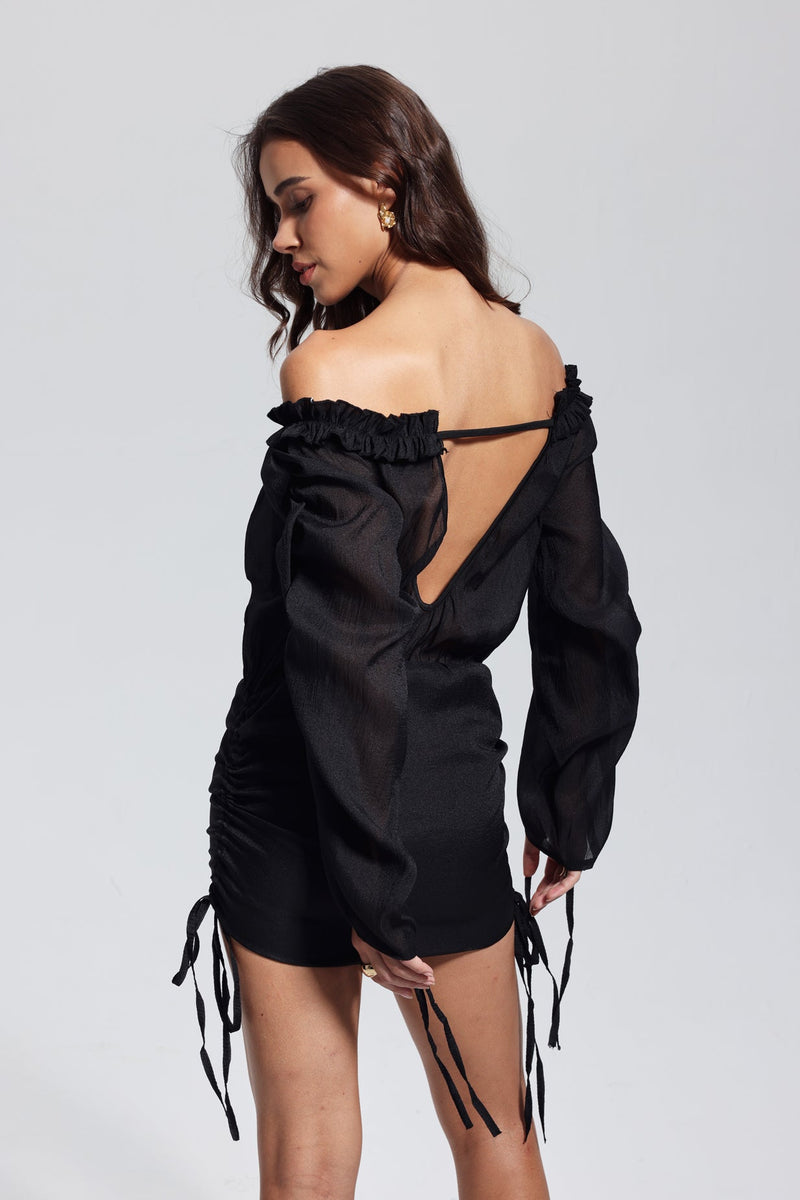 Isadora Mesh Backless Lace Up Mini Dress in Black