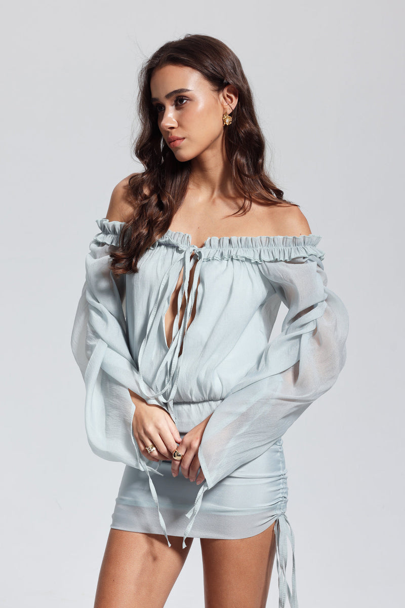 Isadora Mesh Backless Lace Up Mini Dress in Blue
