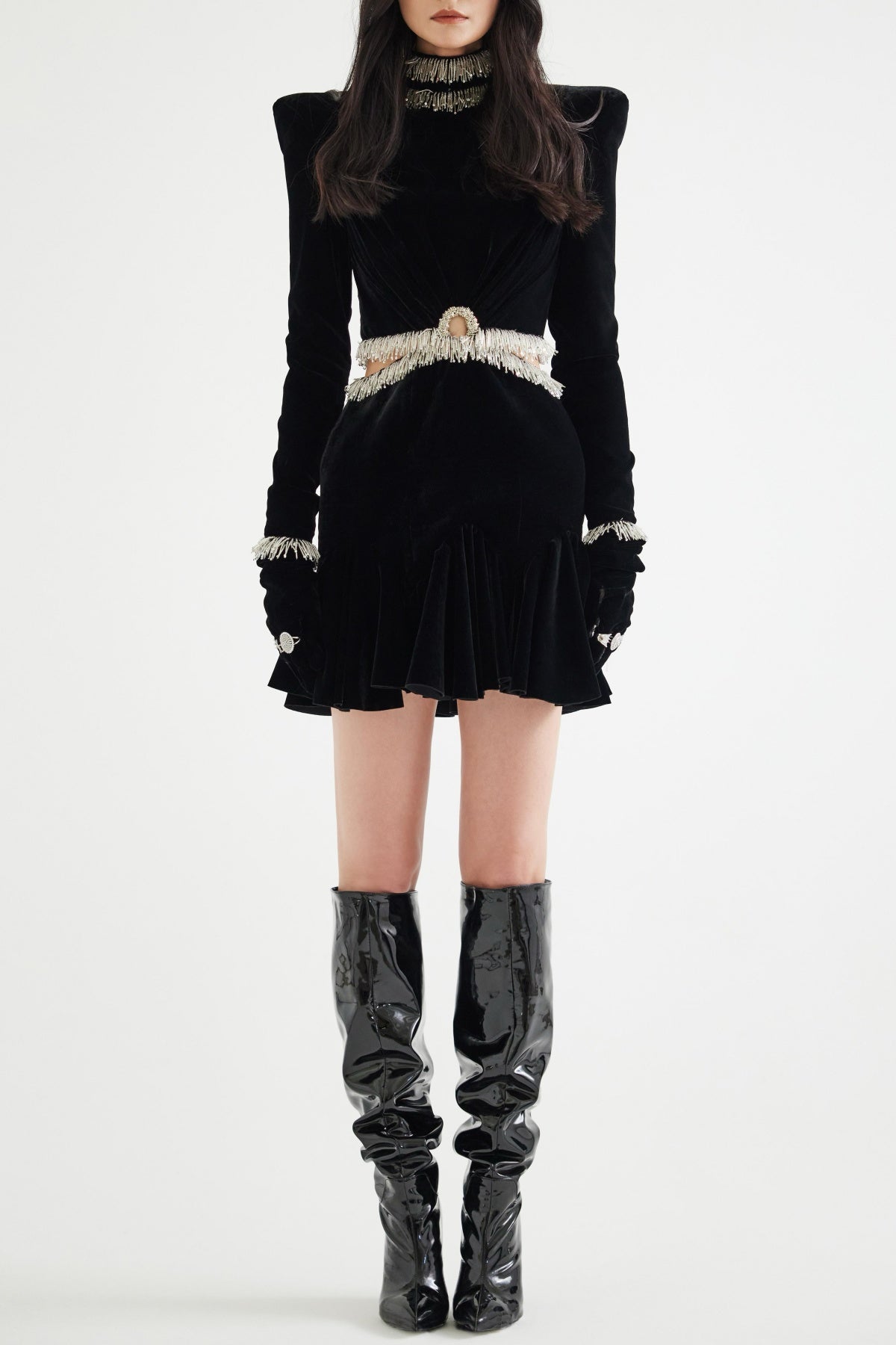 Ishika Bead-embellished Velvet Cutout Mini Dress