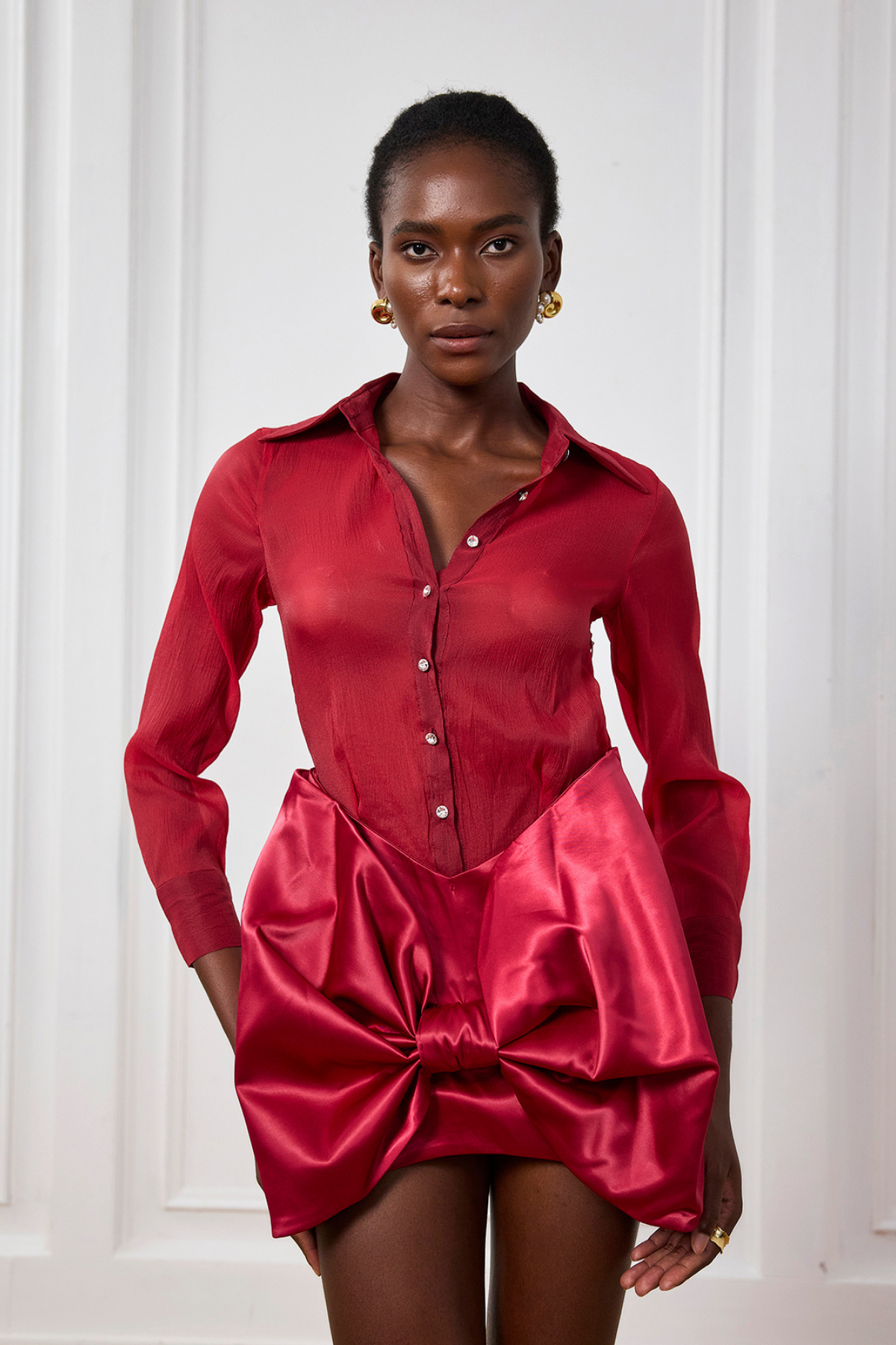 Ishika Bow Satin Mini Dress in Red