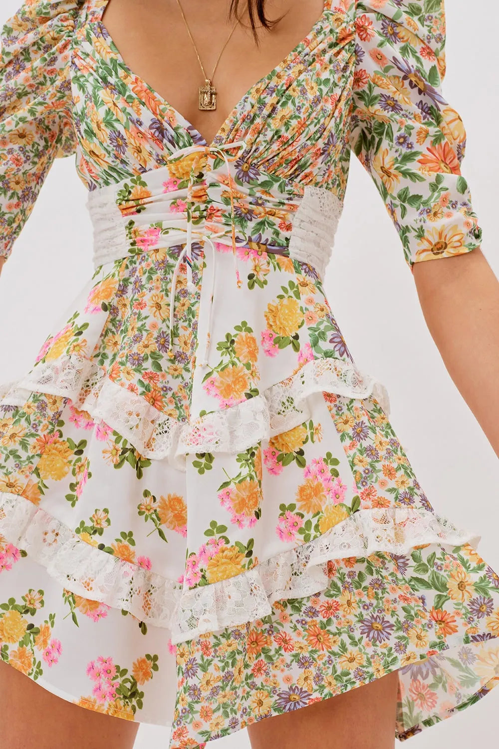 V-neck Puff Sleeve Ruffle Hem Mini Dress