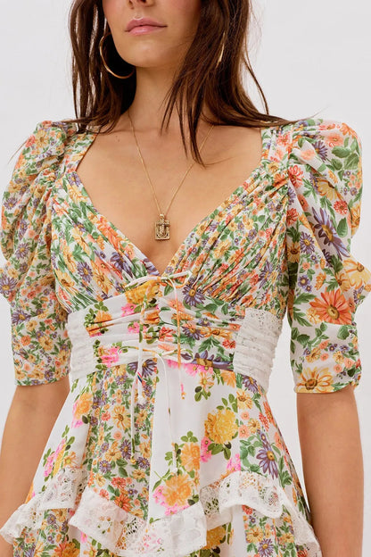 V-neck Puff Sleeve Ruffle Hem Mini Dress
