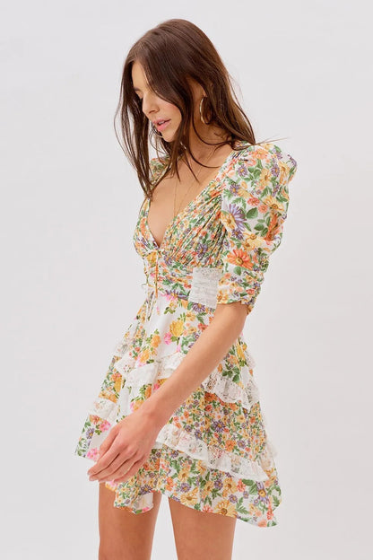 V-neck Puff Sleeve Ruffle Hem Mini Dress