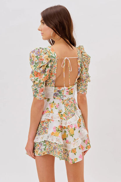 V-neck Puff Sleeve Ruffle Hem Mini Dress