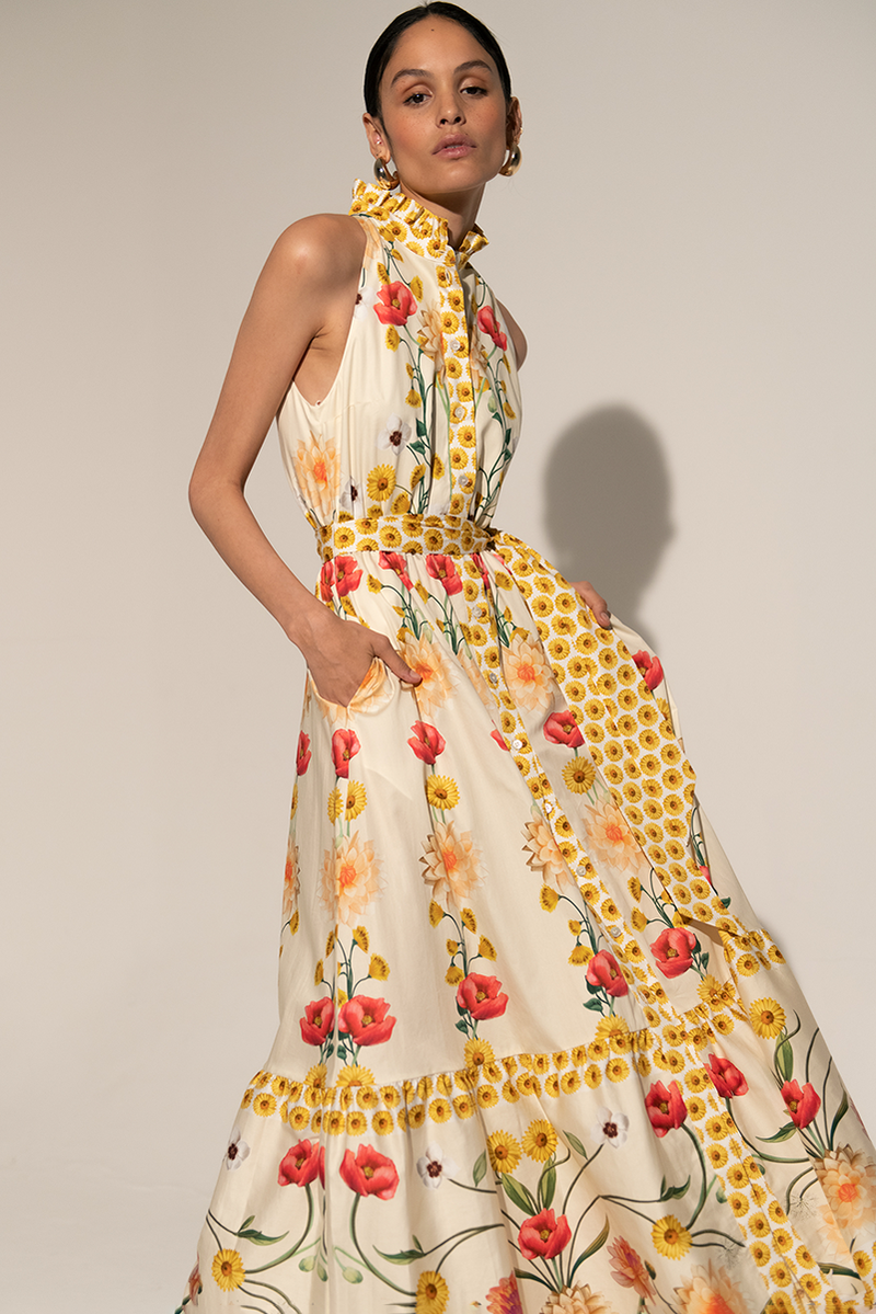 High Collar Sleeveless Lace Up Midi Dress