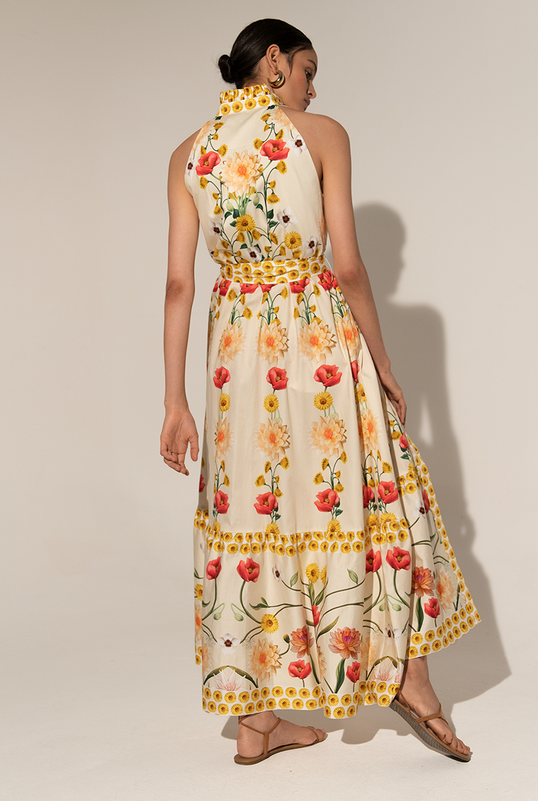 High Collar Sleeveless Lace Up Midi Dress