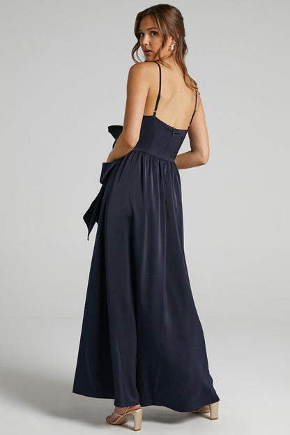 Cami V-neck Wrapover Pleated Lace Up Slit Maxi Dress Blue