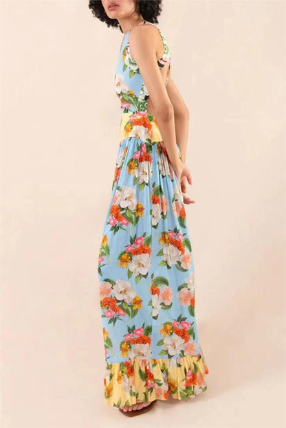 Lace Up Ruffle Hem Maxi Dress