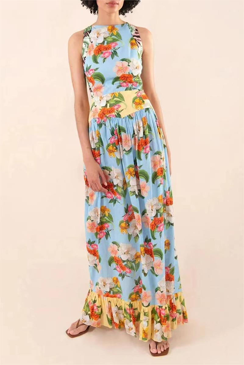 Lace Up Ruffle Hem Maxi Dress