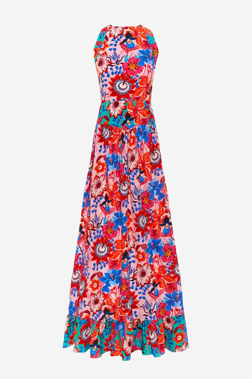 Lace Up Ruffle Hem Maxi Dress