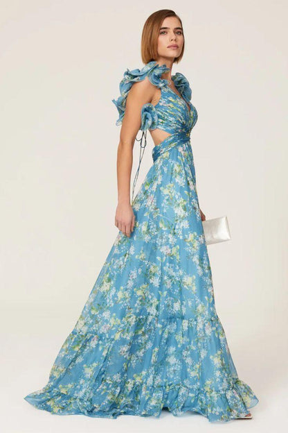 V-neck Cut-out Ruffle Hem Maxi Dress Blue