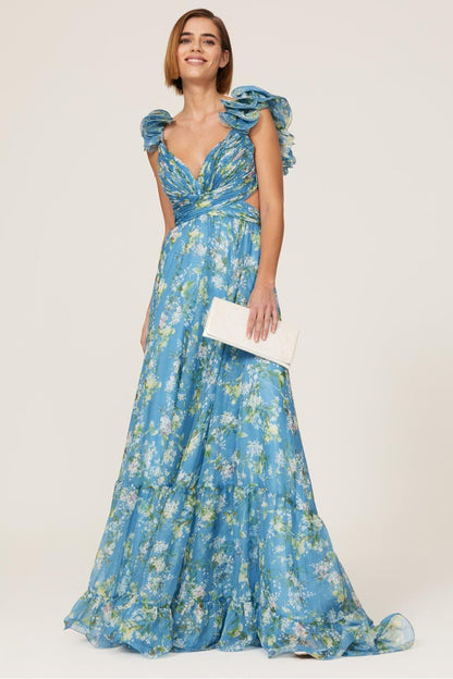 V-neck Cut-out Ruffle Hem Maxi Dress Blue