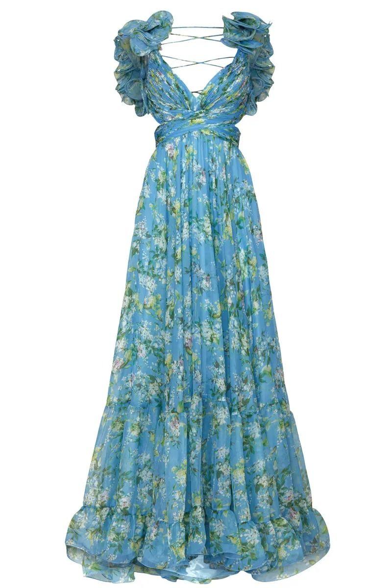 V-neck Cut-out Ruffle Hem Maxi Dress Blue