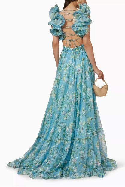 V-neck Cut-out Ruffle Hem Maxi Dress Blue