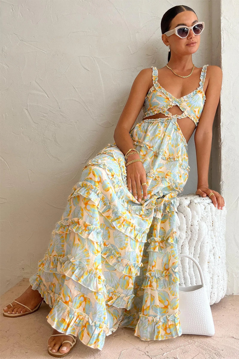 Cut-out Lace Up Ruffle Hem Cami Maxi Dress