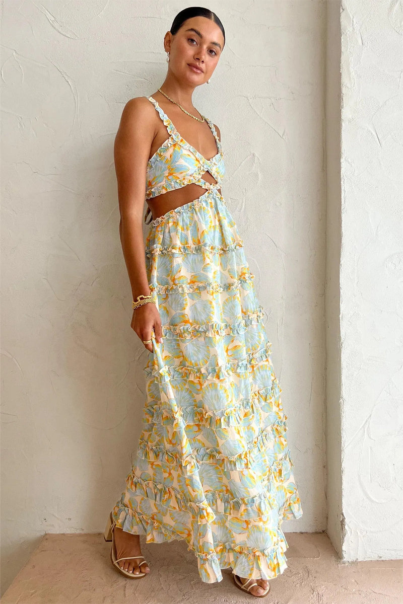 Cut-out Lace Up Ruffle Hem Cami Maxi Dress