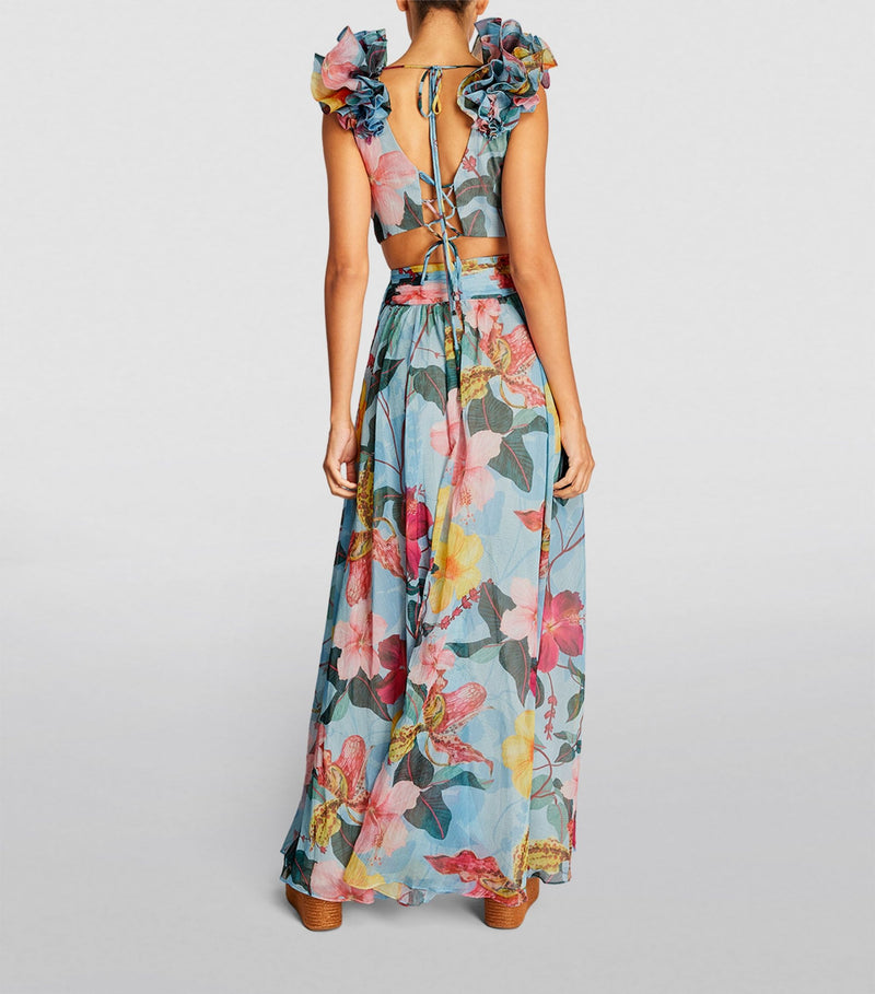 Sleeveless V-neck Ruffle Hem Lace Up Maxi Dress