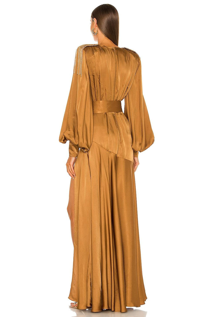 Lantern Sleeve V-neck Slit Maxi Dress Yellow