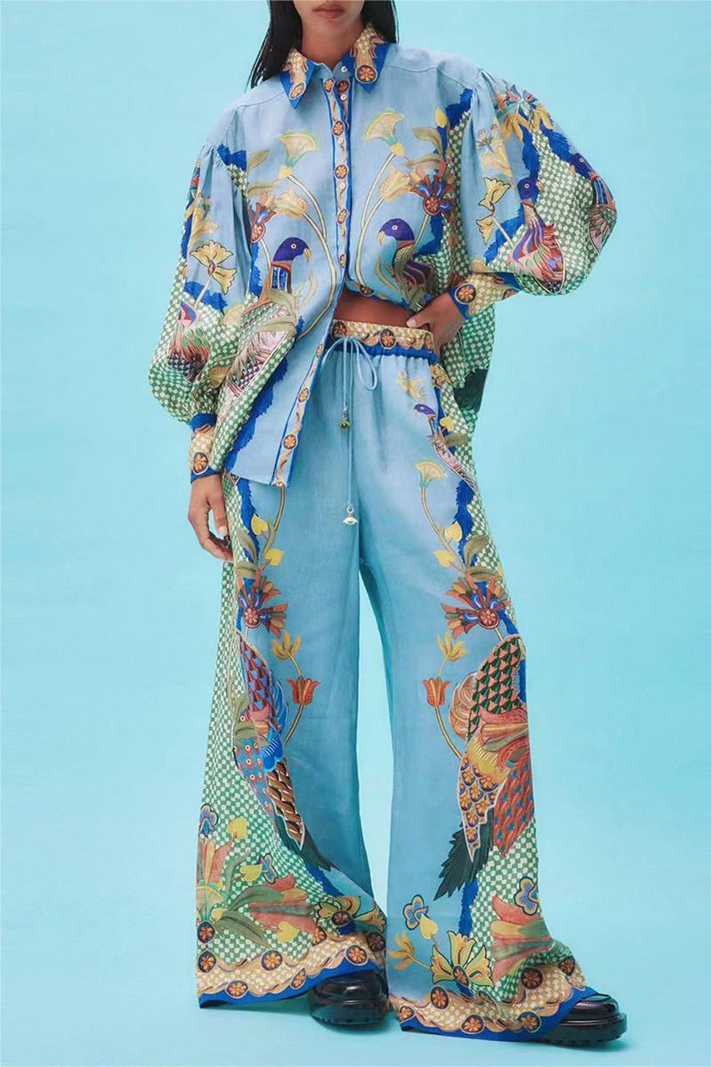 Lantern Sleeve Lapel Buckle Pants Set