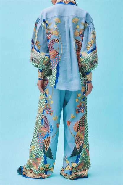 Lantern Sleeve Lapel Buckle Pants Set